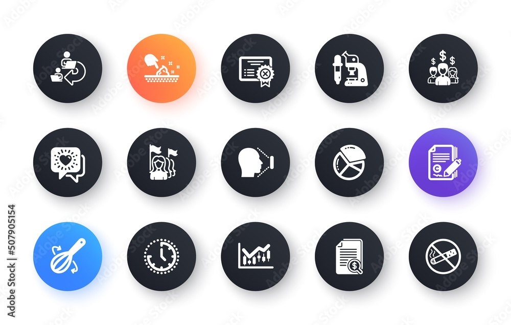Minimal set of Cooking whisk, Copywriting and Skin moisture flat icons for web development. Feminism, Friends chat, Reject certificate icons. Financial diagram, Delegate work. Vector Minimal set of Cooking whisk, Copywriting and Skin moisture flat icons for web development. Feminism, Friends chat, Reject certificate icons. Financial diagram, Delegate work. Vector