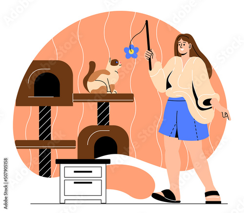 Happy pet owner concept. Young smiling woman playing with her fluffy cat. Character loves animals and takes care of them. Girl spends time with kitten. Cartoon flat vector illustration in doodle style