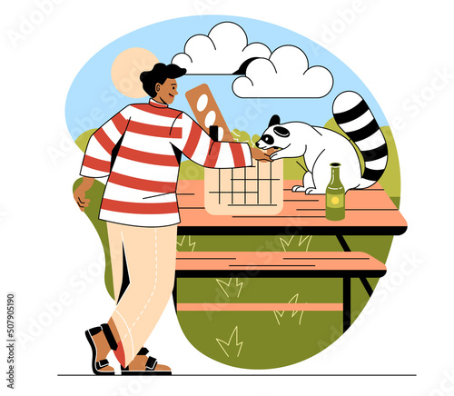 Happy pet owner concept. Young man friends with small fluffy raccoon and feeds it in park. Character loves and cares about animals. Cartoon contemporary flat vector illustration in doodle style