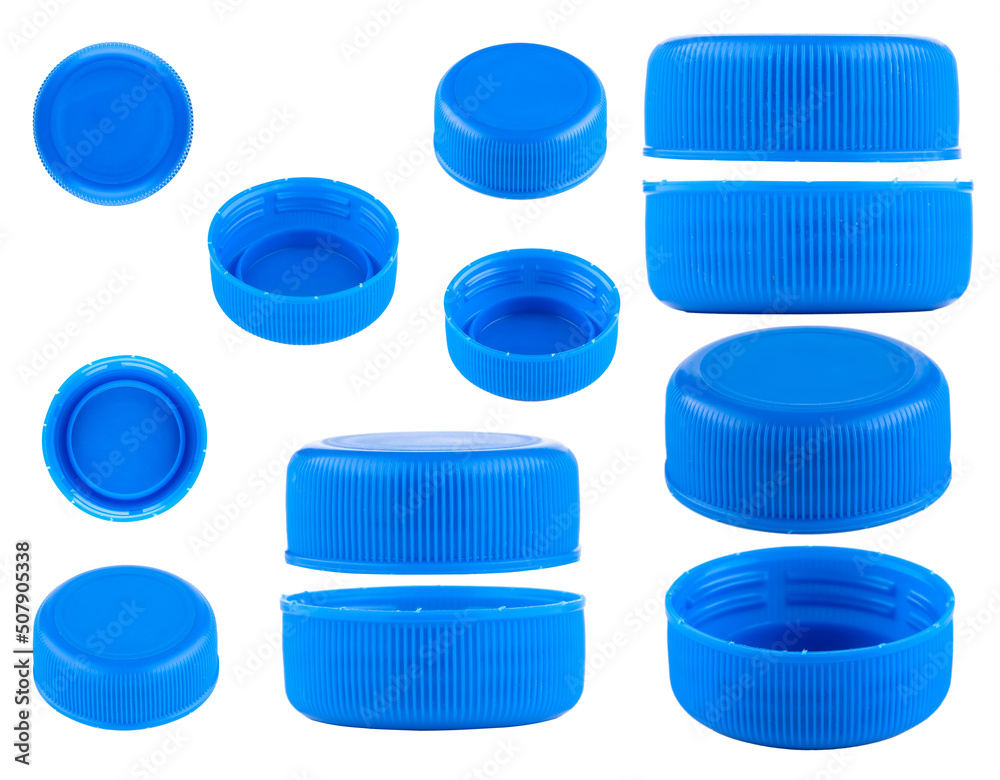Blue caps for bottles, different sizes. Set of blue caps isolated on a
