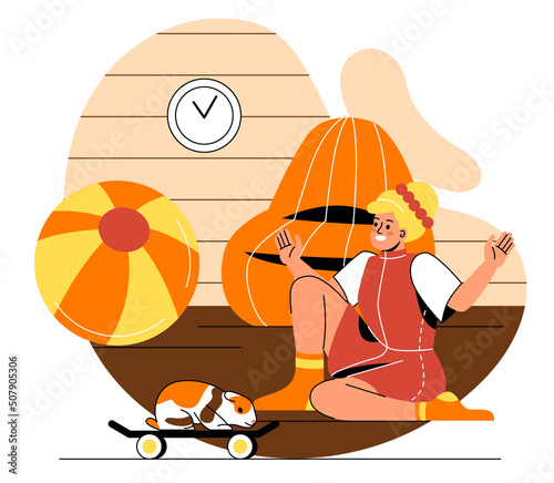 Happy pet owner concept. Young woman playing with her cute hamster on skateboard. Girl loves animals and takes care of them. Little furry friend. Cartoon flat vector illustration in doodle style