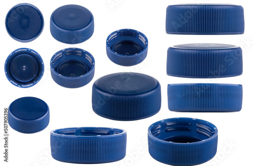 Blue caps for bottles, different sizes. Set of blue caps isolated on a white background.