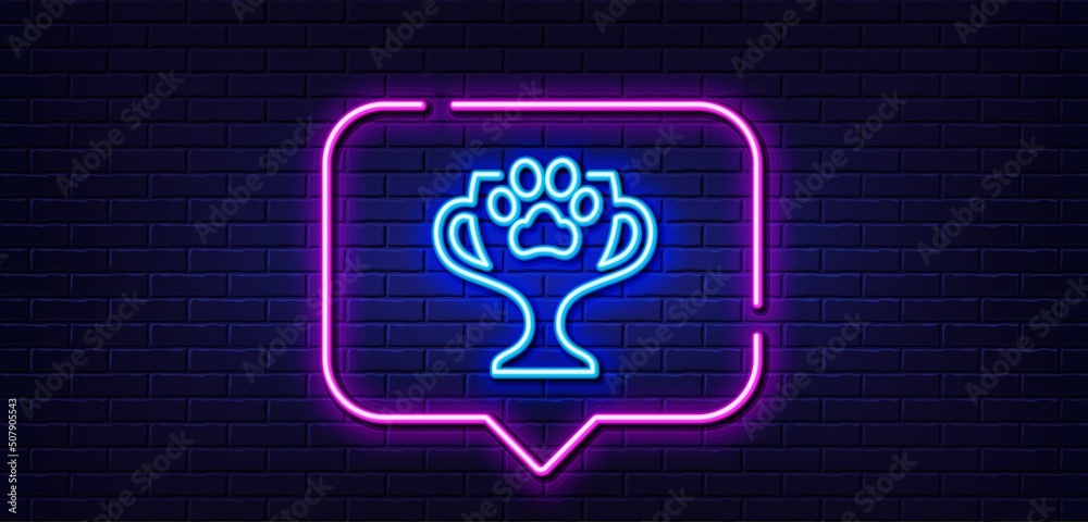 Neon light speech bubble. Dog competition line icon. Pets award sign. Champion winner cup symbol. Neon light background. Winner cup glow line. Brick wall banner. Vector Neon light speech bubble. Dog competition line icon. Pets award sign. Champion winner cup symbol. Neon light background. Winner cup glow line. Brick wall banner. Vector