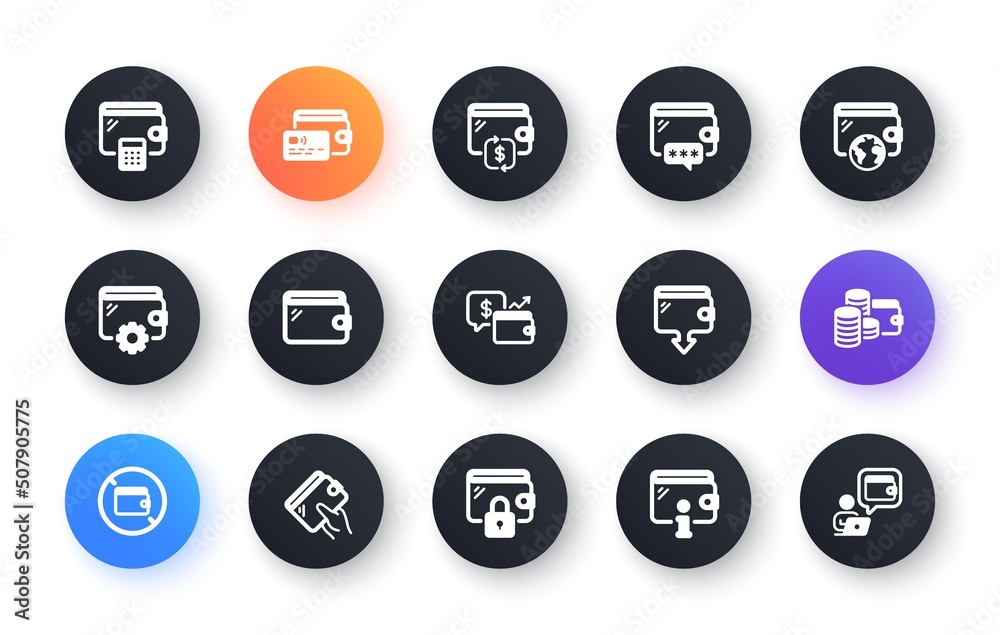 Wallet icons. Money transfer, Credit card payment, Withdraw funds icons. Cash purse, Money access and online Wallet. Money commerce, Deposit transfer and Calculate cash budget. Vector