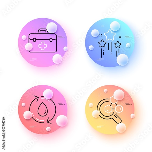 First aid, Chemistry lab and Stars minimal line icons. 3d spheres or balls buttons. Refill water icons. For web, application, printing. Medicine kit, Lab research, Firework stars. Recycle aqua. Vector