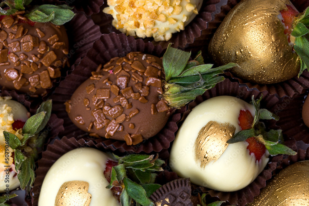 Fototapeta premium Closeup of Variety of chocolate dipped strawberries . Dessert concept