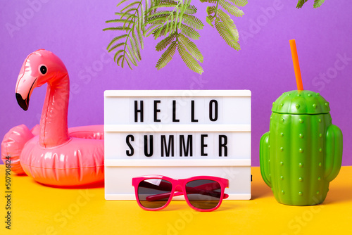 Retro vibe or 80s, nostalgic style still life with colorful summer accessories photo