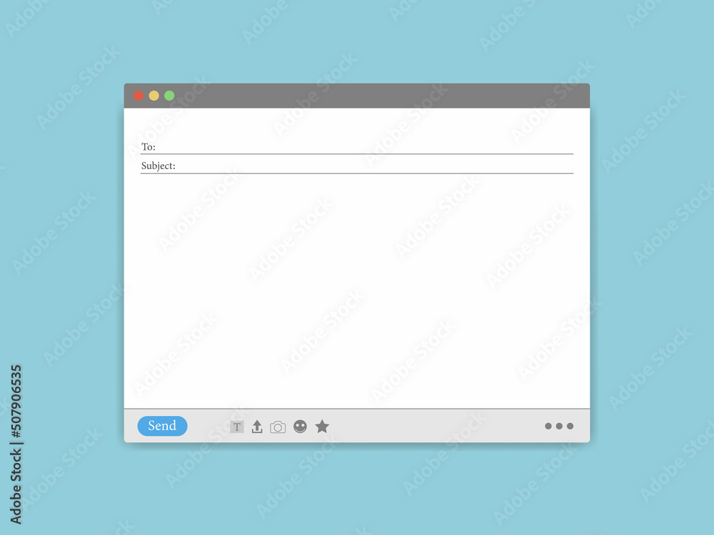 Empty template in the browser. Mail and message interface design. Blank screen template and layout for web message. Blank page layout for presentation and mail icon for send mail
