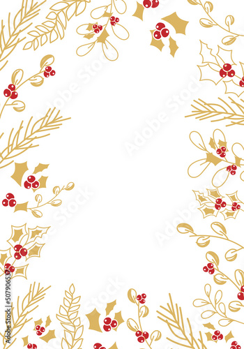 Vector. Merry Christmas and Happy New Year floral background, copy space for your text. Rustic vertical frame template for Christmas cards, wedding invitations, party invitation. Hand-drawn sketch.