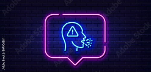Neon light speech bubble. Cough line icon. Coronavirus symptom sign. Flu, sneeze or pneumonie symbol. Neon light background. Cough glow line. Brick wall banner. Vector
