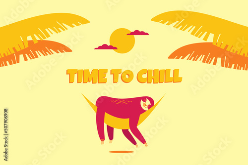 Cute lazy sloth relaxing in a hammock. Time to chill. Flat vector illustration.	