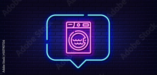 Neon light speech bubble. Laundry line icon. Washing machine sign. Hotel service symbol. Neon light background. Laundry glow line. Brick wall banner. Vector