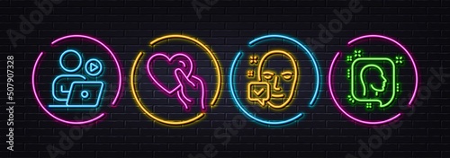 Video conference, Hold heart and Face accepted minimal line icons. Neon laser 3d lights. Head icons. For web, application, printing. Start presentation, Friendship, Access granted. Vector