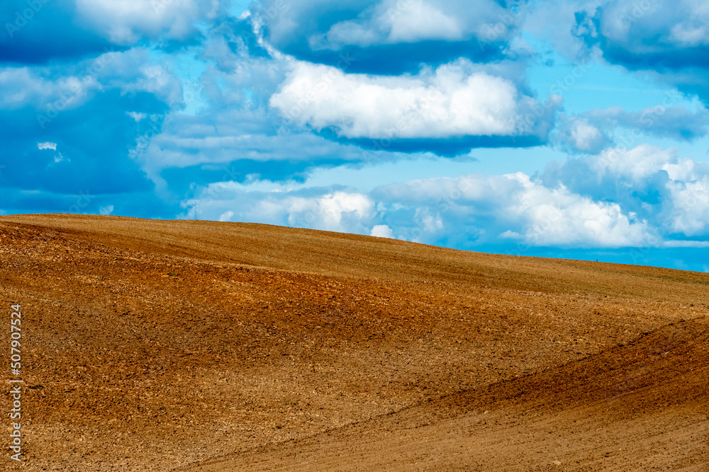 A plowed field against the sky. The season of planting crops in a wheat field. Preparing the field for planting rapeseed, wheat, rye and barley in rural areas.