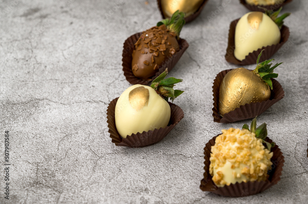 Food banner with chocolate strawberries with Place for text.Side view Food banner with chocolate strawberries with Place for text.Side view