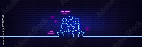 Neon light glow effect. Business meeting line icon. Employee nomination sign. Teamwork rating symbol. 3d line neon glow icon. Brick wall banner. Business meeting outline. Vector