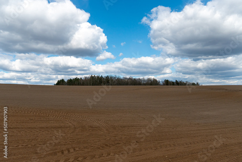 A plowed field against the sky. The season of planting crops in a wheat field. Preparing the field for planting rapeseed, wheat, rye and barley in rural areas.