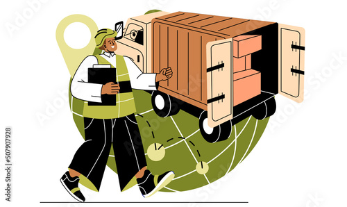 International logistics concept. Male courier loads boxes of goods and groceries into truck. Transport for cargo delivery. Global import or export. Cartoon flat vector illustration in doodle style