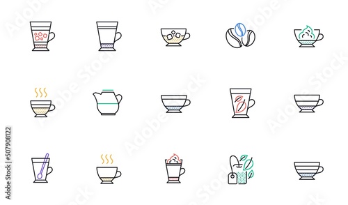 Coffee types and Tea icons. Mocha, Cappuccino and Latte. Americano cup linear icon set. Bicolor outline web elements. Vector