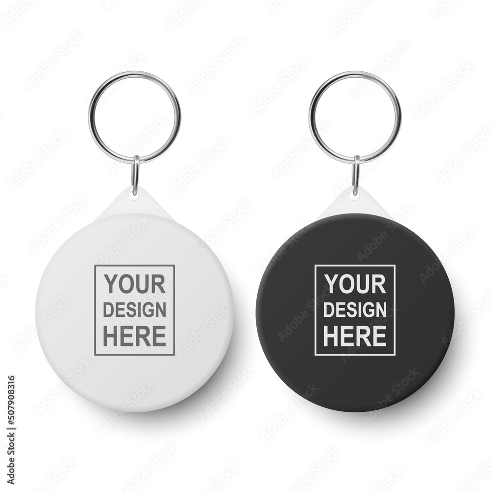 Vector 3d Realistic Blank White Round Keychain with Ring and Chain for Key Isolated on White. Button Badge with Ring. Plastic, Metal ID Badge with Chains Key Holder, Design Template, Mockup - obrazy, fototapety, plakaty 