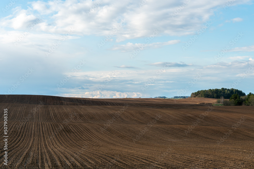 Obraz premium Rows of soil before planting. Drawing of furrows on a plowed field prepared for spring sowing of agricultural crops. View of the land prepared for planting and growing crops.
