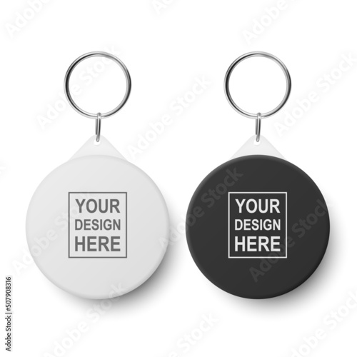 Vector 3d Realistic Blank White Round Keychain with Ring and Chain for Key Isolated on White. Button Badge with Ring. Plastic, Metal ID Badge with Chains Key Holder, Design Template, Mockup photo
