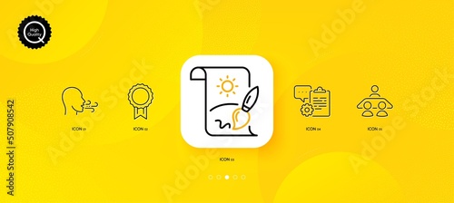 Breathing exercise, Interview job and Creative painting minimal line icons. Yellow abstract background. Reward, Clipboard icons. For web, application, printing. Breath, Consulting, Graphic art. Vector