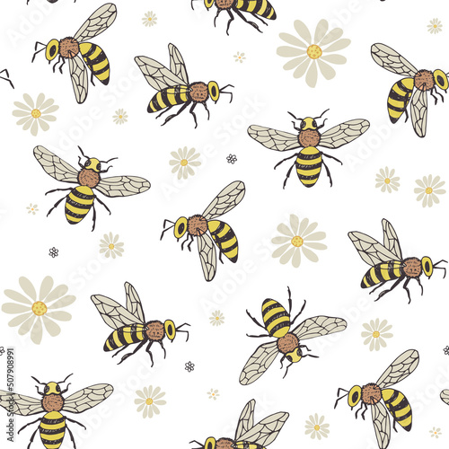 Bee and wasp with flowers seamless vector pattern