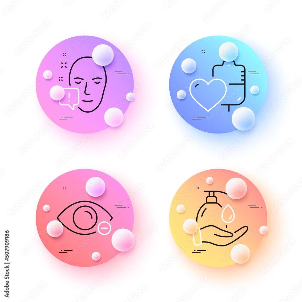 Wash hands, Myopia and Face attention minimal line icons. 3d spheres or balls buttons. Blood icons. For web, application, printing. Liquid soap, Eye vision, Exclamation mark. Blood donation. Vector