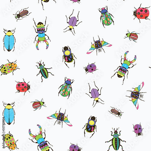 Beetles insects vector seamless pattern