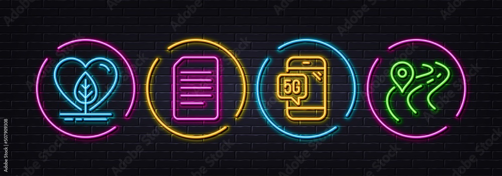 Local grown, Document and 5g phone minimal line icons. Neon laser 3d lights. Road icons. For web, application, printing. Organic tested, Information file, Wifi internet. Journey highway. Vector