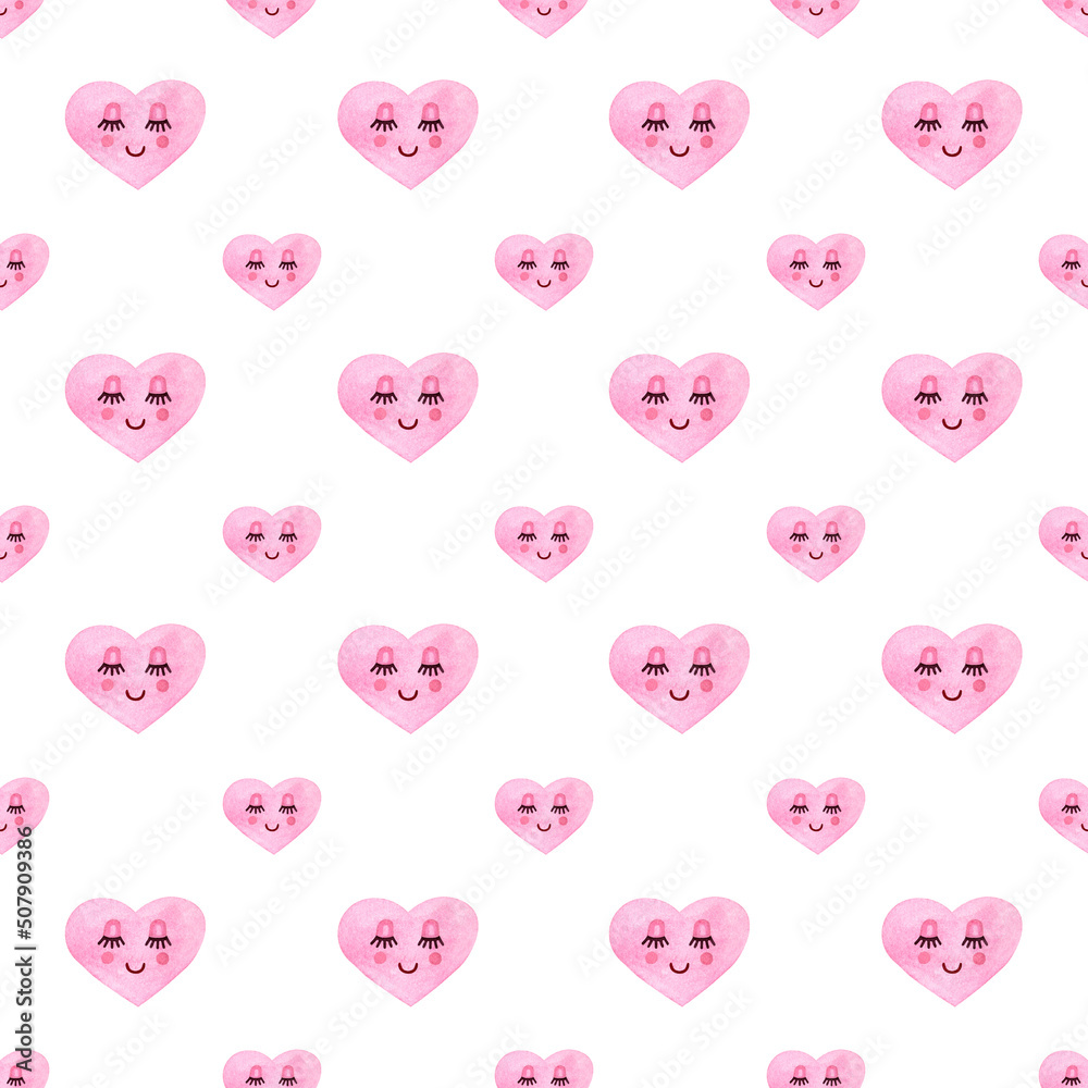 Seamless pattern with pink hearts. Watercolor illustration. Design for cards, invitations, textiles, decoupage, scrapbooking, background, wrapping paper