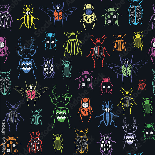 Beetles insects vector seamless pattern