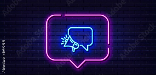 Neon light speech bubble. Megaphone line icon. Advertisement device symbol. Brand ambassador speech bubble sign. Neon light background. Megaphone glow line. Brick wall banner. Vector