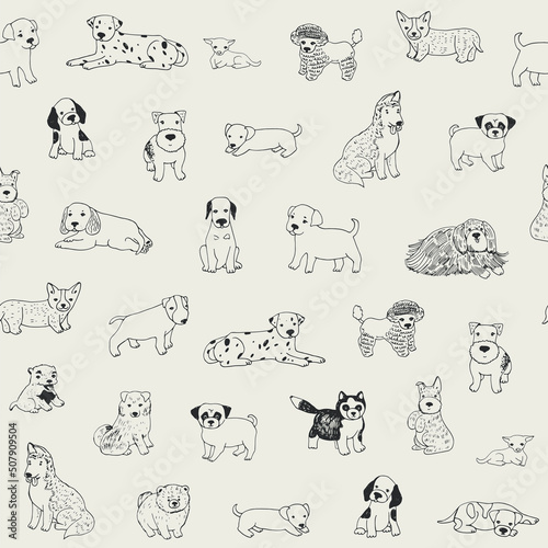 Foto cute puppies dog breed vector line seamless pattern