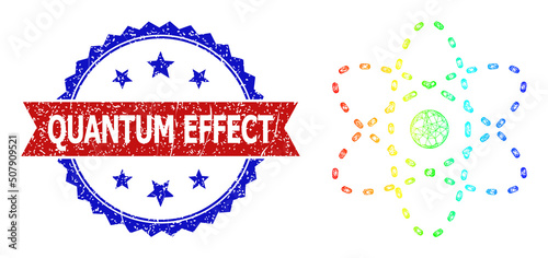 Mesh net atom model carcass icon with spectral gradient, and bicolor unclean Quantum Effect seal. Red seal has Quantum Effect text inside blue rosette. Colored frame net atom model icon.