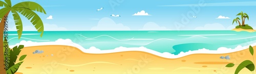 Fototapeta Naklejka Na Ścianę i Meble -  Summer beach, seashore panorama scene with island and palm trees. Flat vector illustration, landscape