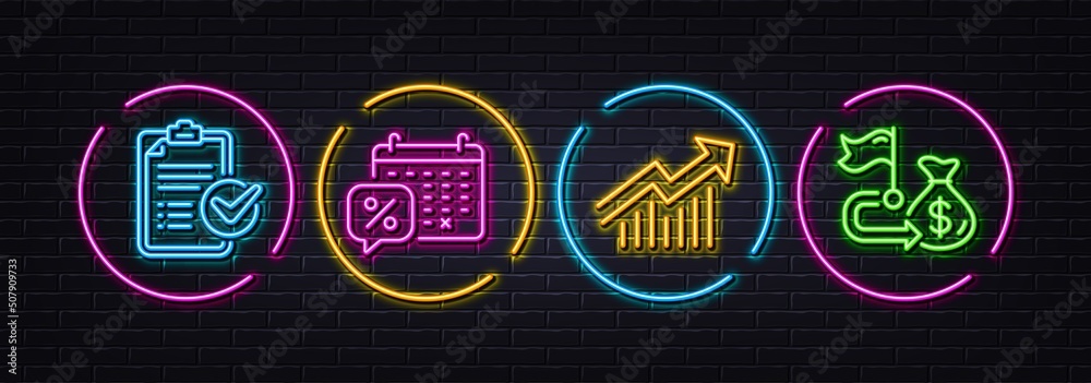 Demand curve, Discounts calendar and Survey checklist minimal line icons. Neon laser 3d lights. Financial goal icons. For web, application, printing. Statistical report, Sale month, Report. Vector