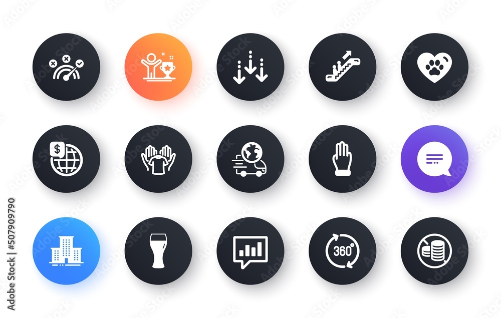 Minimal set of Hold t-shirt, Pets care and Analytical chat flat icons for web development. Text message, Correct answer, Delivery service icons. Scroll down, 360 degrees. Vector Minimal set of Hold t-shirt, Pets care and Analytical chat flat icons for web development. Text message, Correct answer, Delivery service icons. Scroll down, 360 degrees. Vector