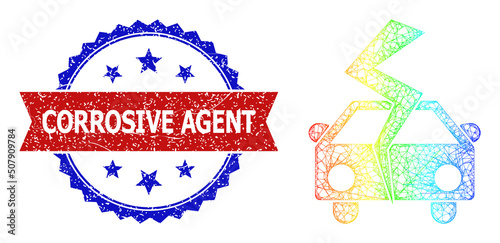 Crossing mesh car crash carcass icon with rainbow gradient, and bicolor unclean Corrosive Agent stamp. Red badge includes Corrosive Agent title inside blue rosette. Colorful frame mesh car crash icon.