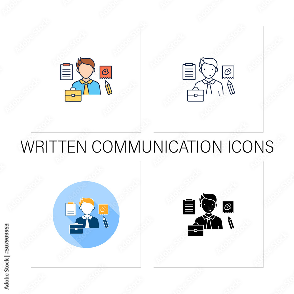 Written communication icons set. Conveying messages through written ...