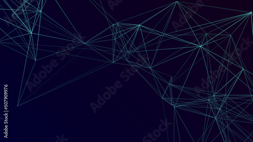 Distribution of triangular figures in space. 3d illustration of a futuristic network. Structure of network connections, connecting dots and lines. Abstract science background.