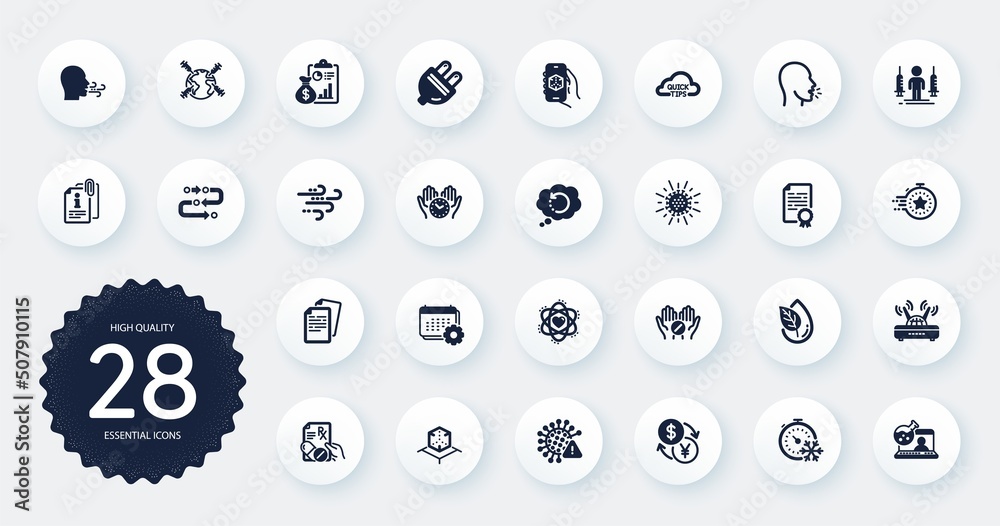 Set of Science icons, such as Methodology, Online chemistry and Covid virus flat icons. Safe time, Documents, Recovery data web elements. Wifi, Quick tips, Breathing exercise signs. Vector Set of Science icons, such as Methodology, Online chemistry and Covid virus flat icons. Safe time, Documents, Recovery data web elements. Wifi, Quick tips, Breathing exercise signs. Vector
