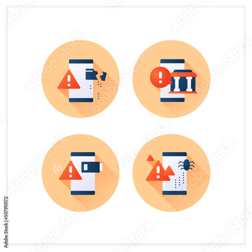 Warnings flat icons set. Different notification types. Battery, virus notification,data loss. Error messages. Signs variation concepts.3d vector illustrations
