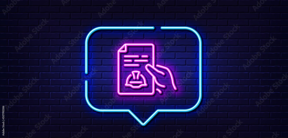 Neon light speech bubble. Engineering line icon. Technical documentation sign. Construction helmet symbol. Neon light background. Technical documentation glow line. Brick wall banner. Vector