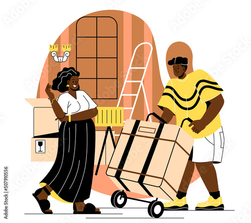 Moving into new house concept. Young woman relocated to new renovated apartment with furniture. Staff transports cardboard boxes with things. Cartoon flat vector illustration in doodle style