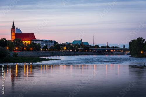 Night scene city Magdeburg with river Elbe in Saxony Anhalt Germany