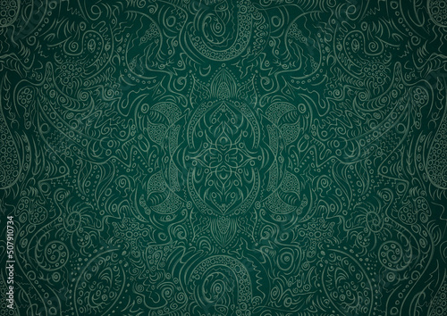 Hand-drawn unique abstract symmetrical seamless ornament. Bright green on a deep cold green with vignette of a darker background color. Paper texture. Digital artwork, A4. (pattern: p01a)