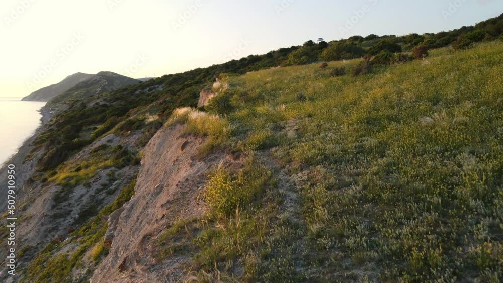 Aerial view of sea coastline with grass and quiet sea with sunset tones Aerial view of sea coastline with grass and quiet sea with sunset tones