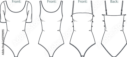 Vector woman body technical drawing, round neck top with cut outs fashion CAD, 3 pieces set blouse sketch, women T-Shirt drawing, flat. Jersey or woven fabric body with front, back view, white color